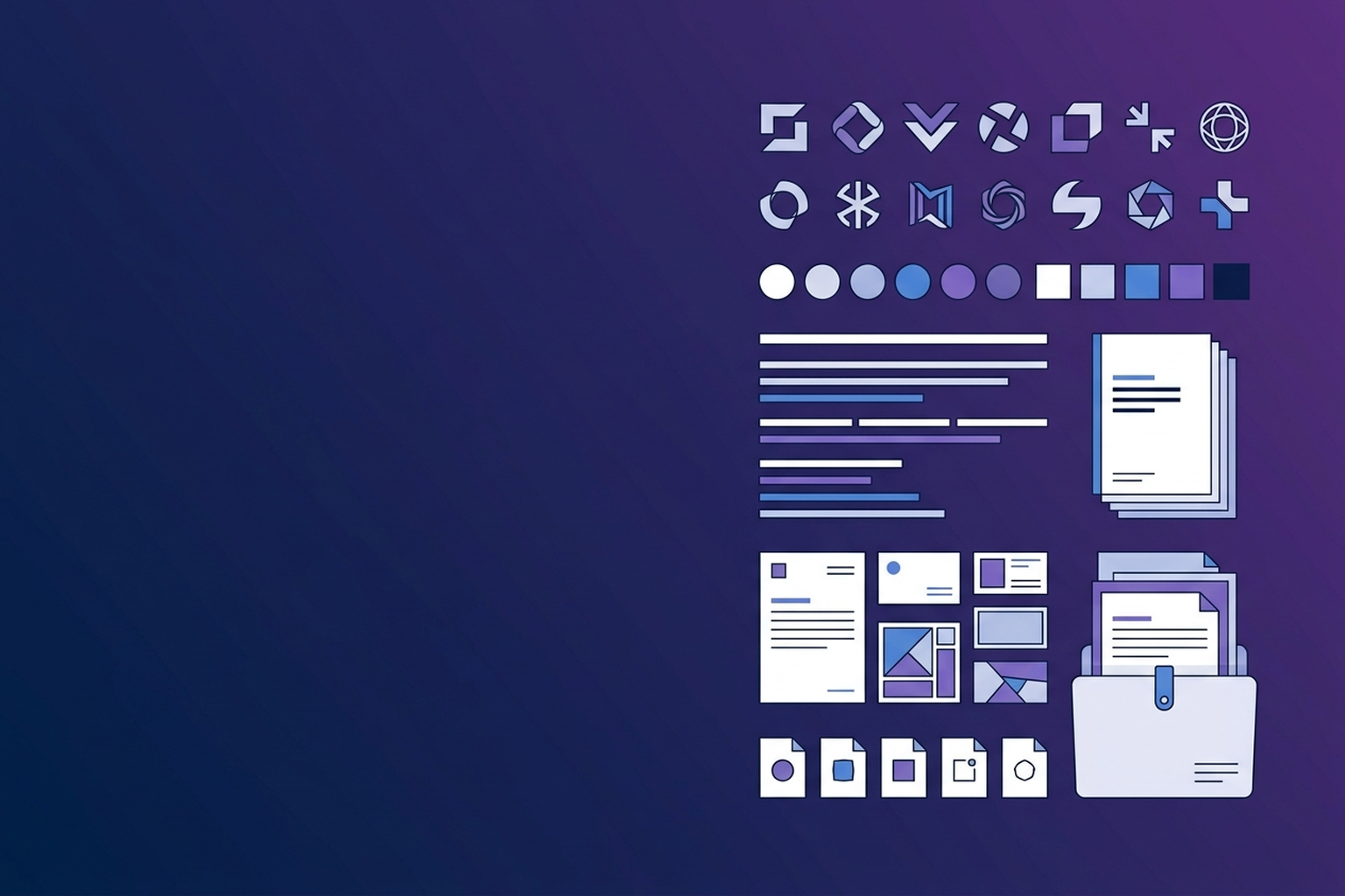 Organized brand identity assets, guidelines, color swatches, and file folders arranged as a handoff system