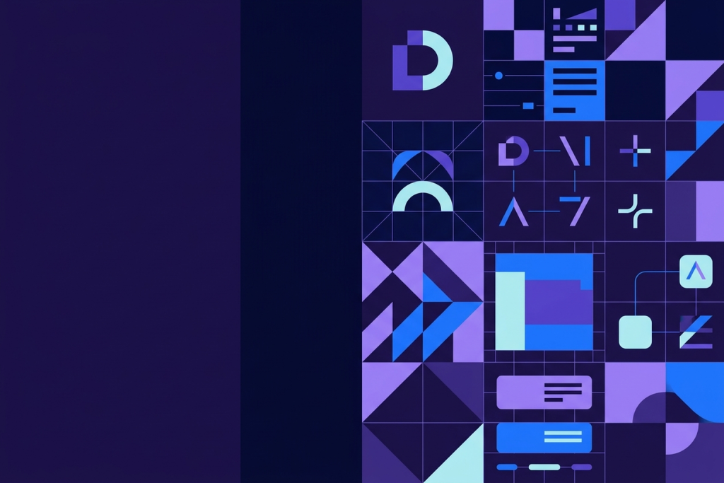 Abstract visual identity system with connected color, typography and layout components on a dark background