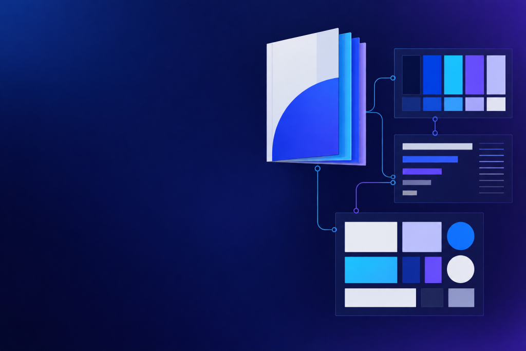 Abstract modular brand documentation cards connected to a visual system on a dark navy and purple background