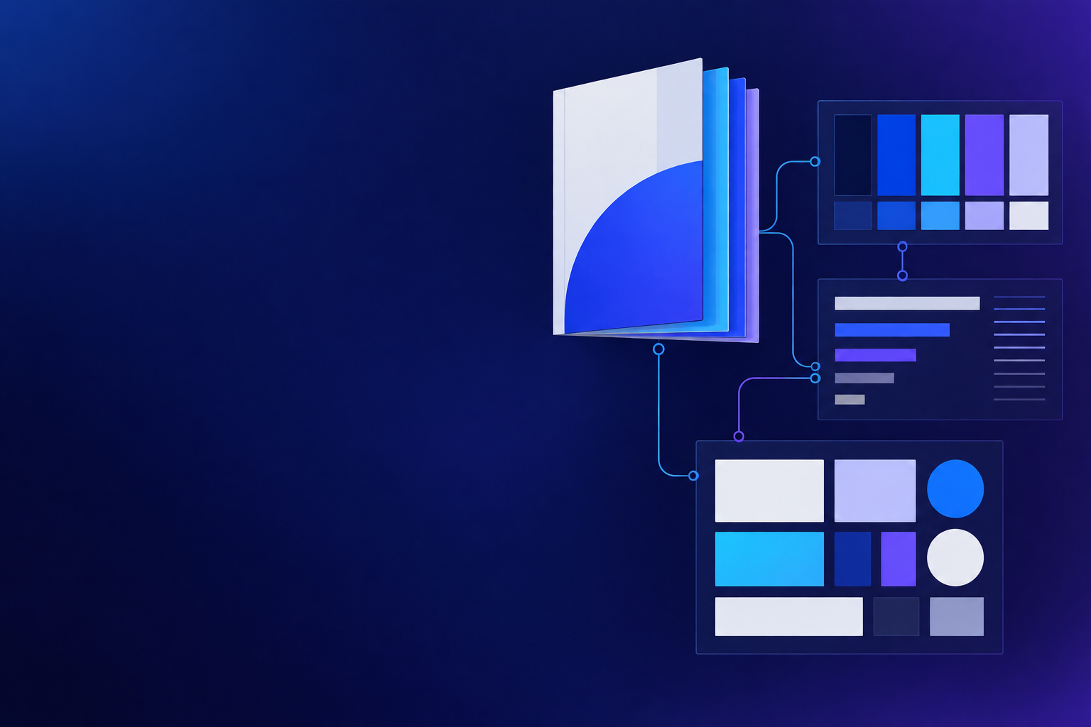 Abstract modular brand documentation cards connected to a visual system on a dark navy and purple background