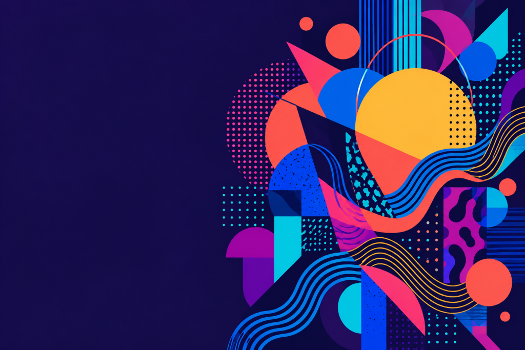 Layered abstract shapes and expressive patterns arranged in a clear maximalist composition