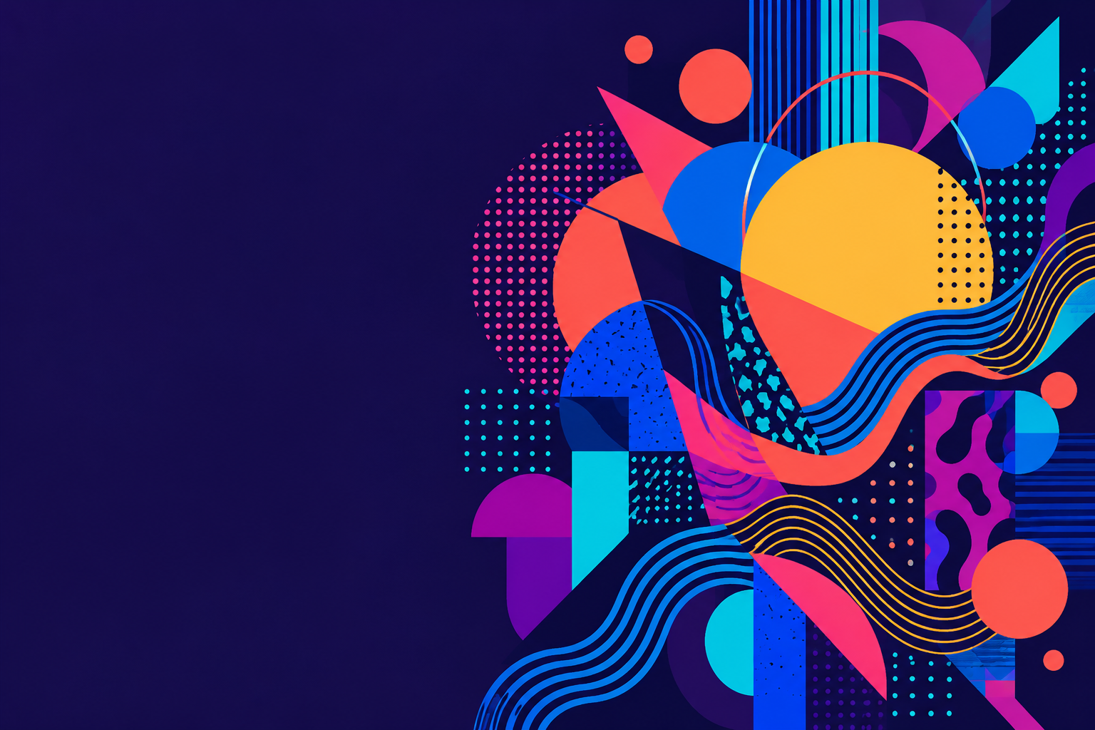Layered abstract shapes and expressive patterns arranged in a clear maximalist composition