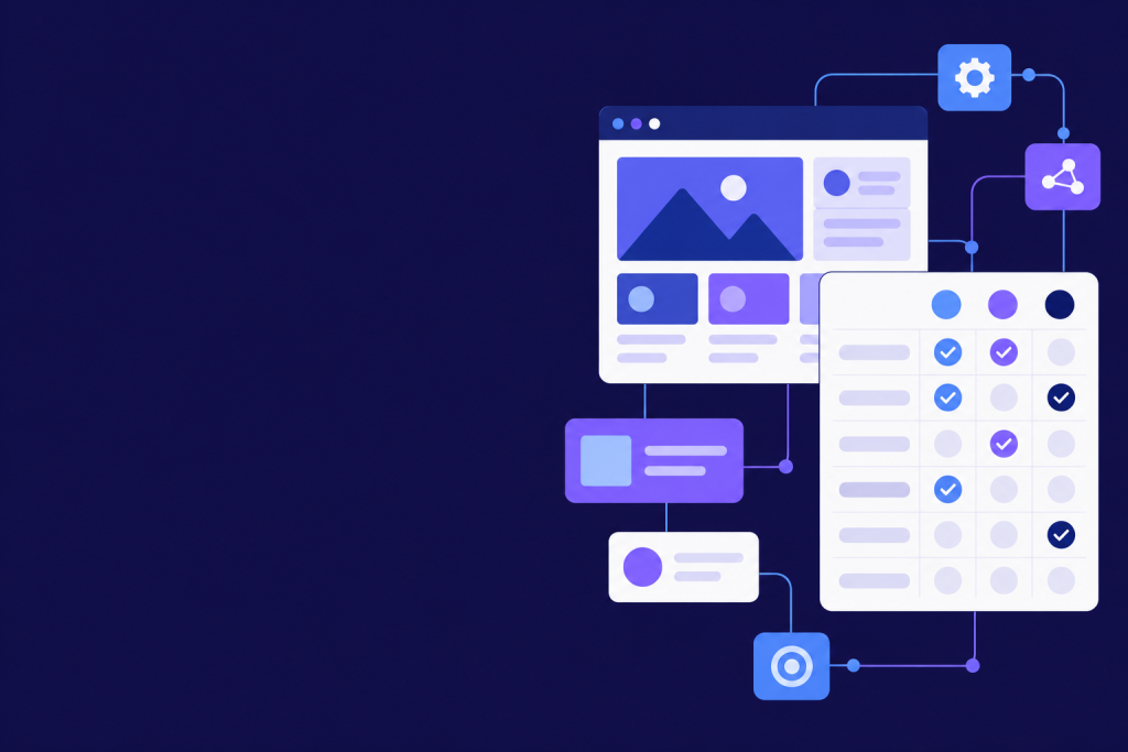 Vector website evaluation scorecard beside a browser interface on a dark navy and purple background