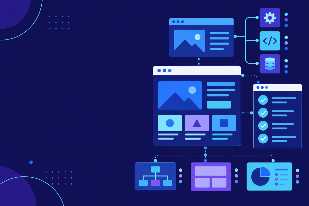 Abstract website interface modules connected to a budgeting framework on a dark navy background
