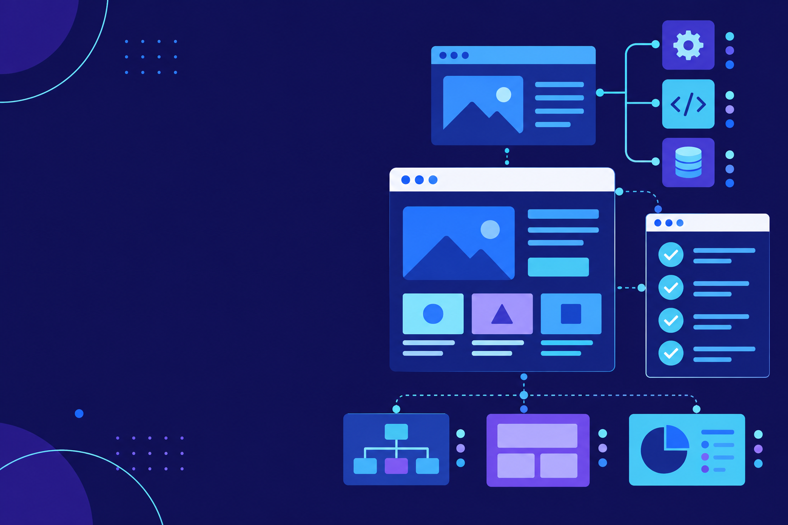 Abstract website interface modules connected to a budgeting framework on a dark navy background