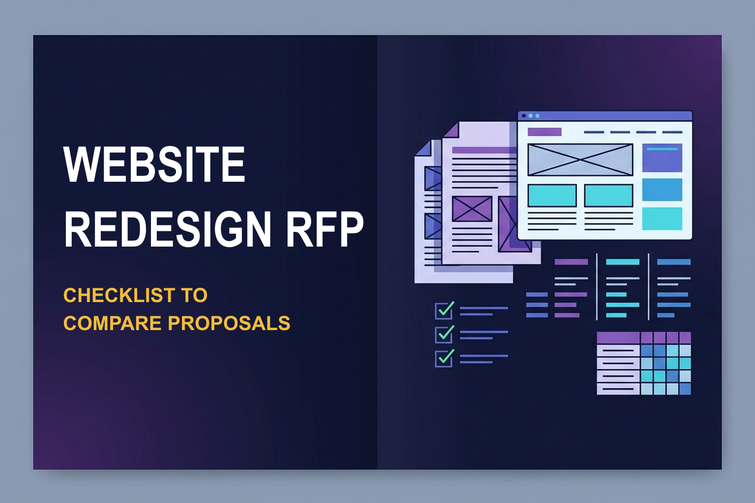 Vector website brief and proposal scorecard forms arranged on a dark navy and purple background